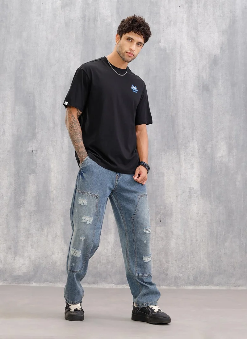 روجن Oversized Fit Brand Carrier T-Shirt With Back Print | Black